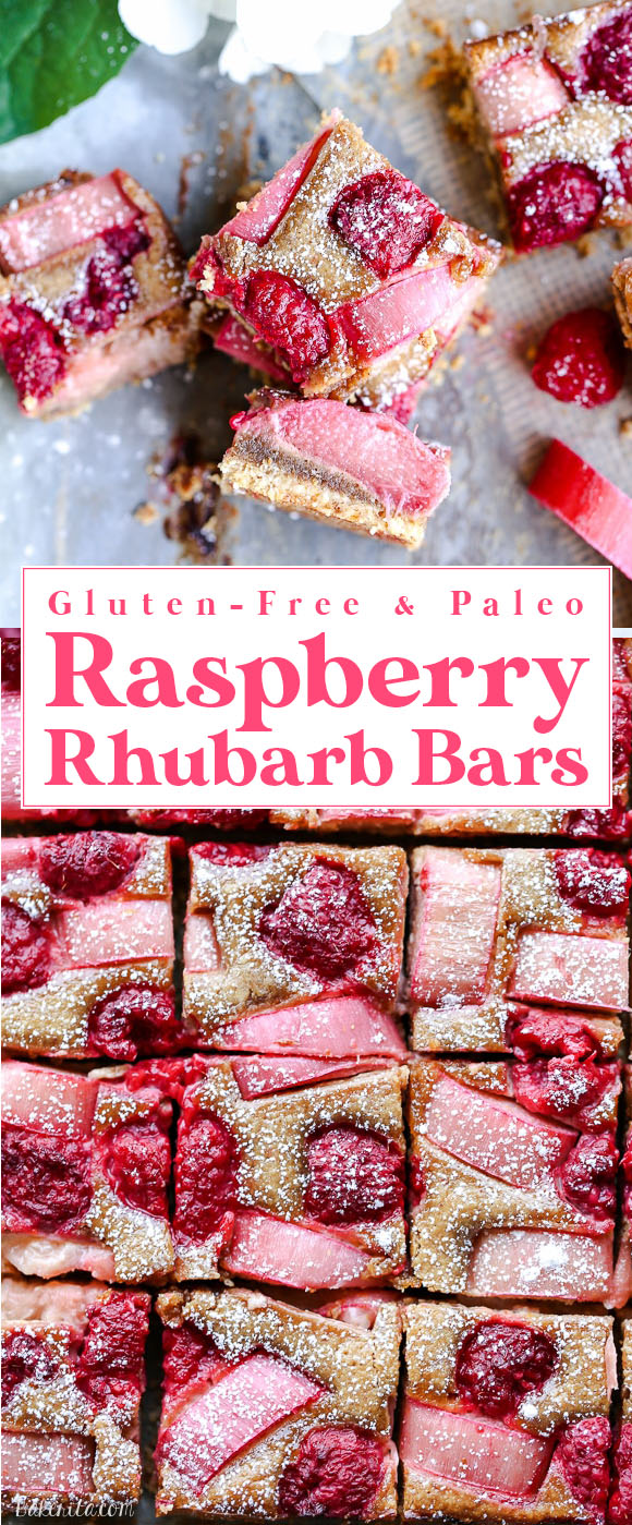 These Gluten-Free Paleo Raspberry Rhubarb Almond Bars have a crisp almond flour crust topped with soft almond frangipane, fresh raspberries, and tart rhubarb. This simple recipe is Paleo, gluten free + refined sugar free.
