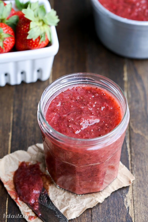 This Strawberry Rhubarb Chia Jam has fresh and vibrant fruit flavor, and it's made without pectin - it uses chia seeds as the thickener! This easy refrigerator jam is refined sugar free, vegan and Paleo-friendly.