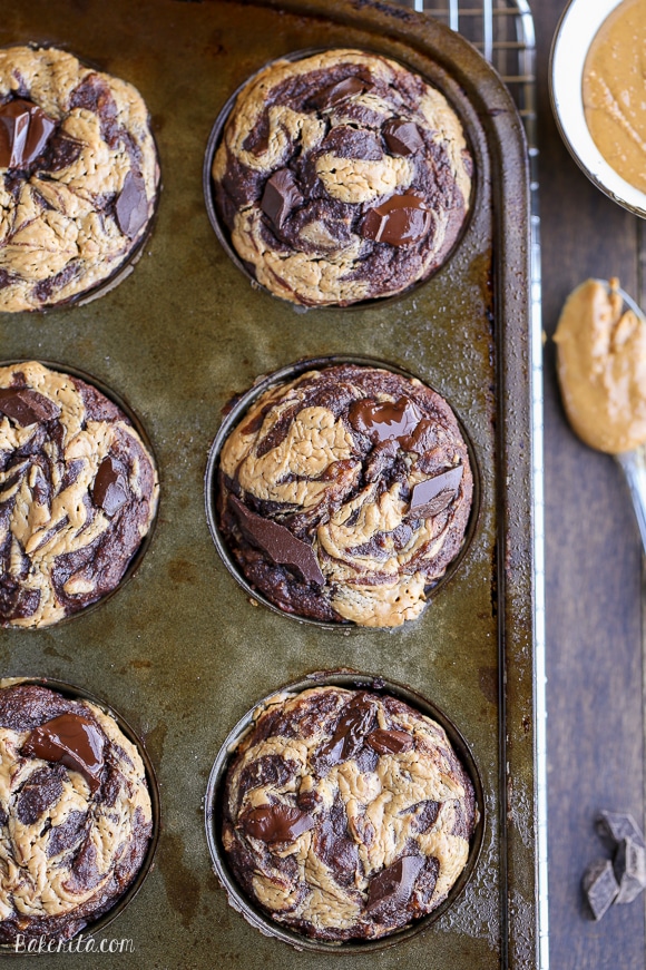 These Chocolate Peanut Butter Banana Muffins are loaded with chocolate chunks and have a peanut butter swirl - you'd never guess that they're gluten-free and the batter is sweetened entirely with bananas!