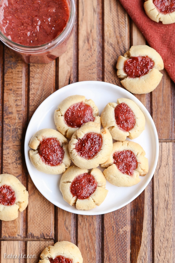 These Jam Thumbprint Cookies are a simple and delicious cookie made with only four ingredients! You won't be able to have just one of these gluten-free, vegan, and Paleo-friendly cookies.