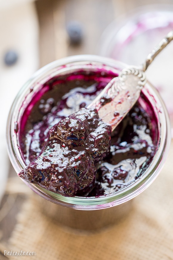 This Blueberry Chia Jam is a healthier homemade jam, made in just 20 minutes! This Paleo + refined sugar free jam is sweetened with maple syrup and naturally thickened with chia seeds.