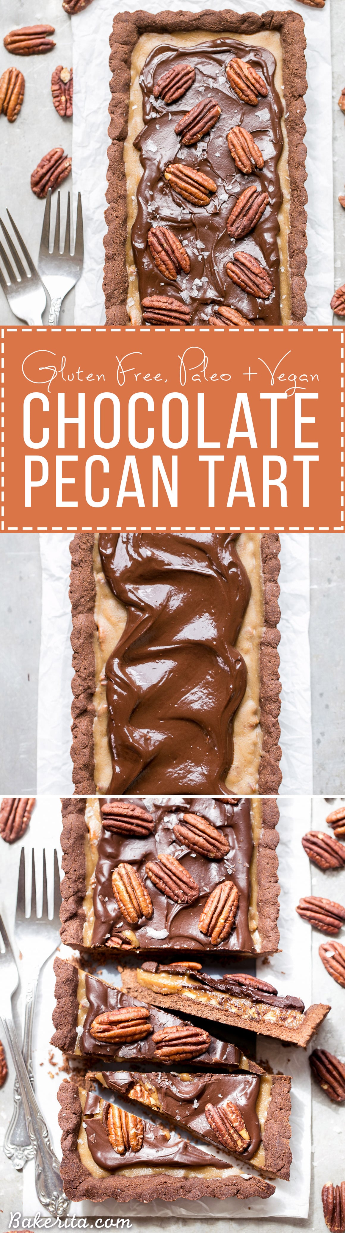 This Chocolate Pecan Tart has a chocolate shortbread crust, pecan pie filling, and is topped with dark chocolate ganache, pecans + a sprinkle of sea salt! You won't believe that this is gluten-free, Paleo, refined sugar free, and vegan.