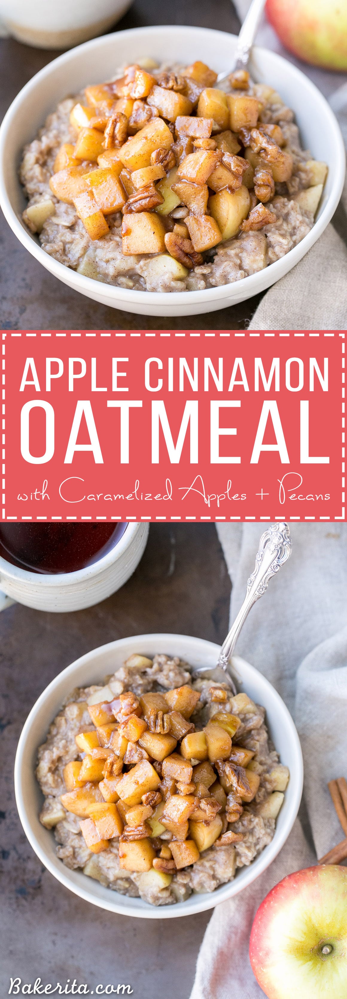 This Apple Cinnamon Oatmeal is topped with caramelized apples and crunchy pecans for an irresistible breakfast that's much more decadent than it looks. This breakfast treat is gluten-free, refined sugar free + vegan!