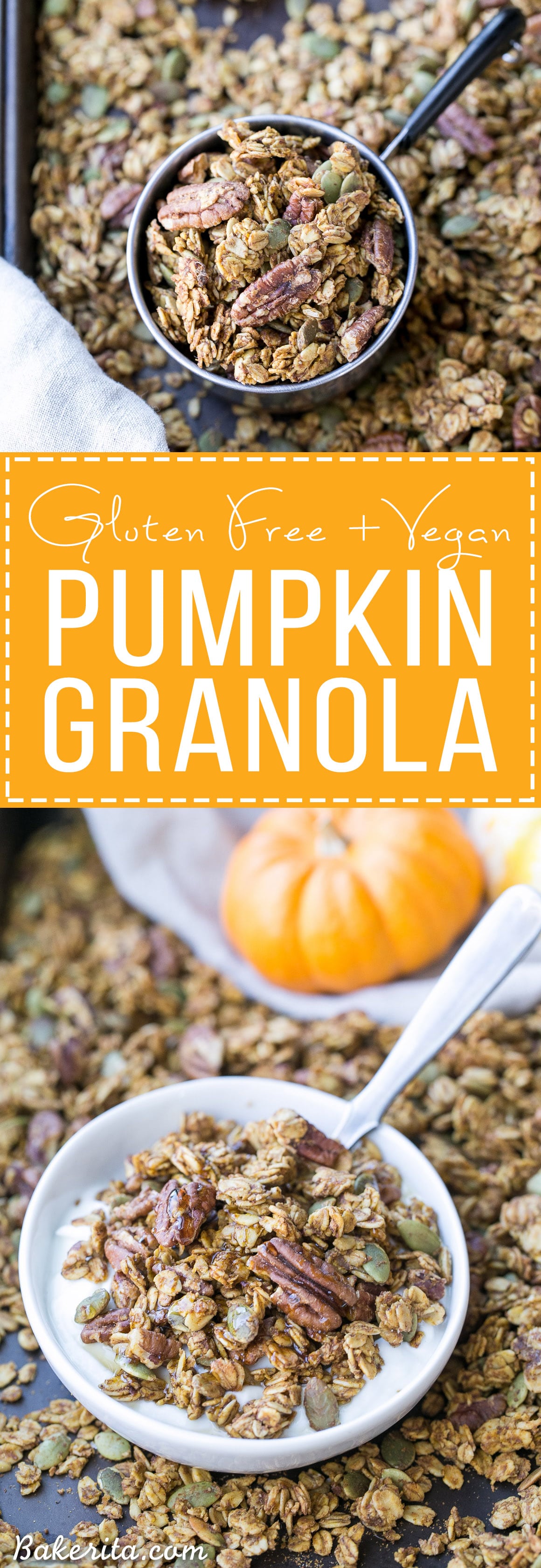 This Pumpkin Granola is a simple, crunchy granola that makes the perfect Fall breakfast! Made with pecans, pepitas, and maple syrup, you won't be able to stop snacking on this gluten free and vegan granola.