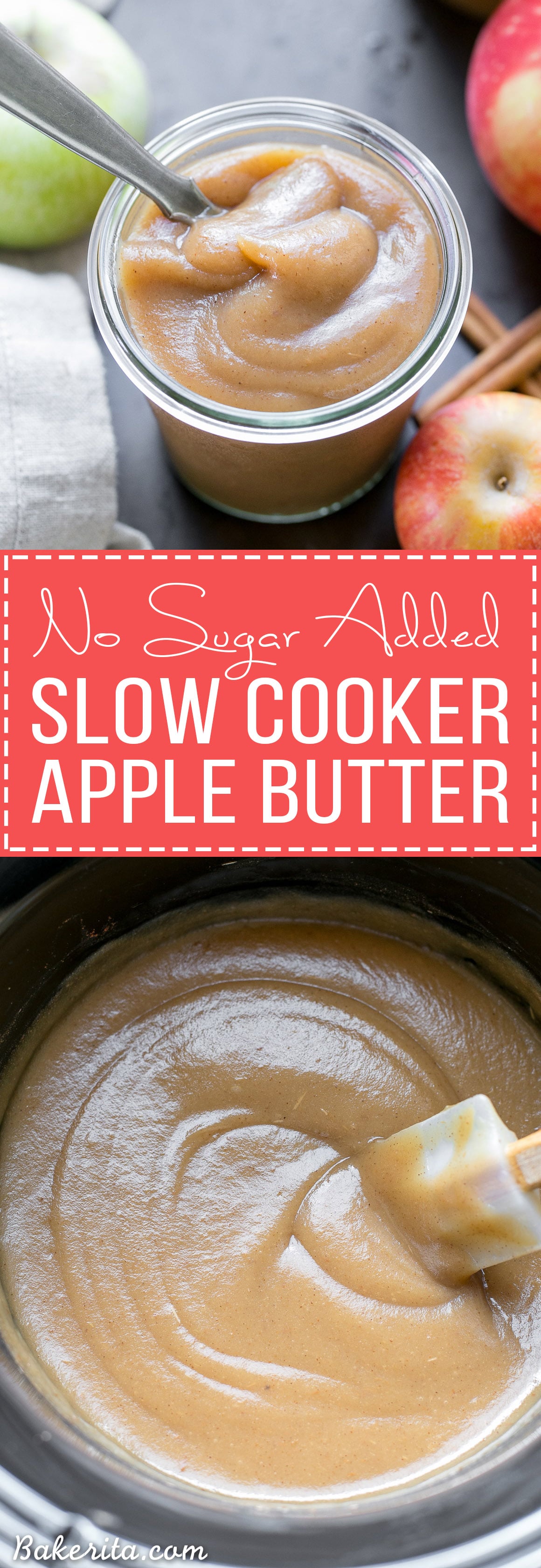 This Slow Cooker Apple Butter has no sugar added - just fresh apples, cinnamon, nutmeg, and lemon juice. This healthy homemade apple butter can be enjoyed on toast, stirred into oatmeal or yogurt, or eaten by the spoonful! It's Paleo-friendly and vegan.