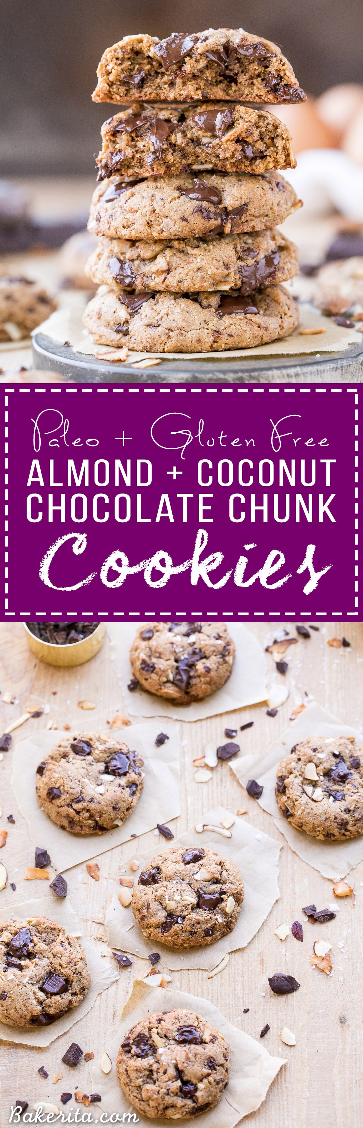 These Paleo Almond Coconut Chocolate Chunk Cookies are made with almond butter and big chocolate chunks for super gooey, decadent cookies! These gluten free and refined sugar free cookies will definitely satisfy your cookie craving.