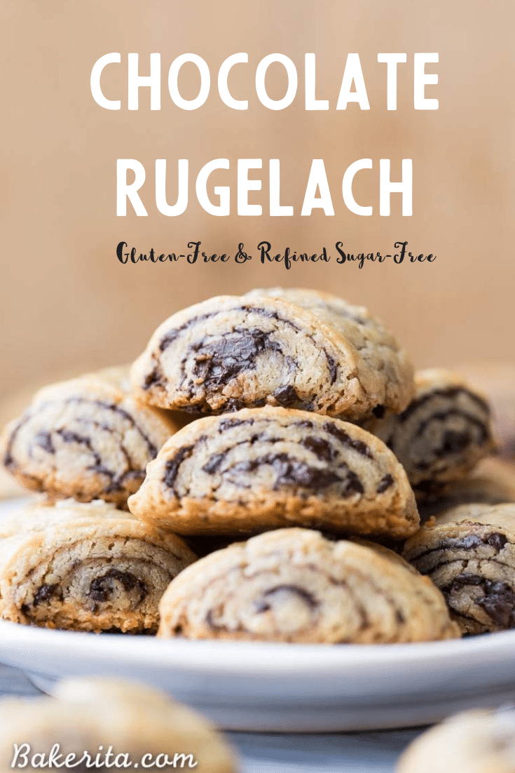 These Chocolate Rugelach are incredibly tender and flaky, thanks to the cream cheese-based dough. These refined sugar-free and gluten-free rugelach are filled with dark chocolate shavings for an irresistible holiday treat. #bakerita #holidaytreat #glutenfree #refinedsugarfree #cookies #dessertfoodrecipes