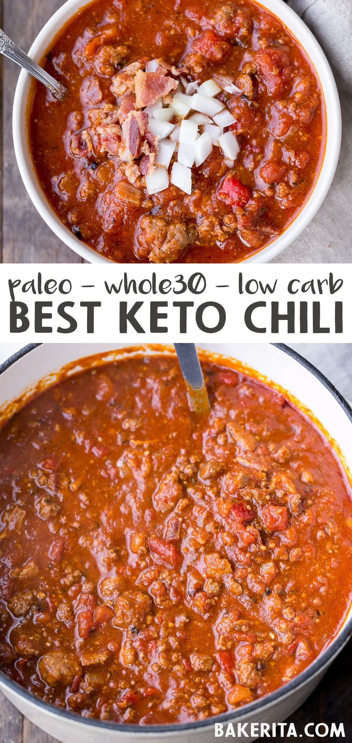 This Paleo Low-Carb Chili is a bean-free, Whole30-approved, and Keto-friendly take on my award-winning best chili recipe! Made with ground beef, sausage, bacon and a wonderful blend of spices, it's so hearty and flavorful.