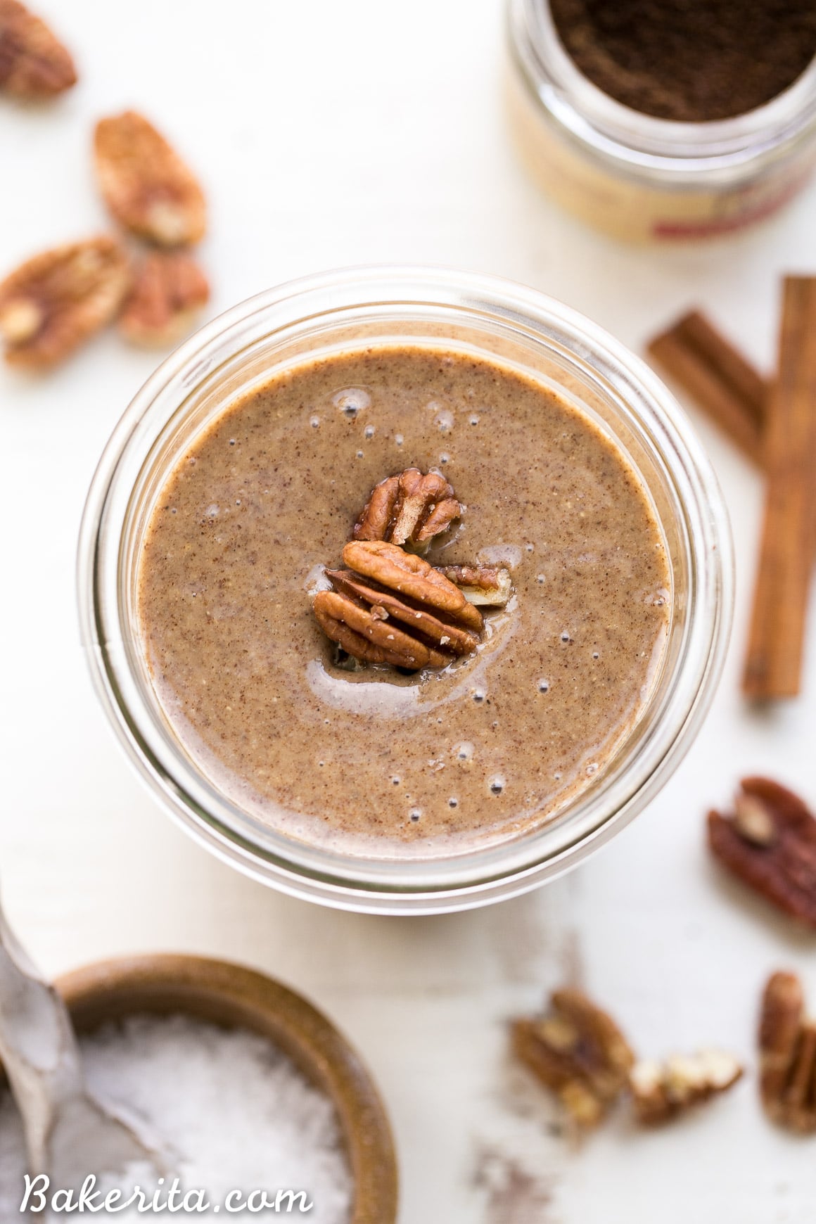 This Vanilla Bean Pecan Butter is incredibly smooth and easy to make. The buttery pecans blend up quickly into a creamy nut butter that you'll want to spread on everything! Cinnamon and vanilla beans complement the pecans wonderfully.