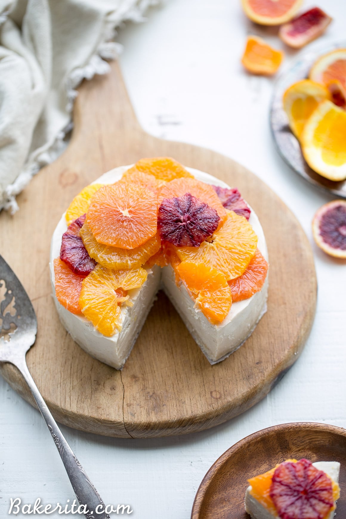 This No-Bake Lemon Cheesecake is a cashew-based raw, vegan, and Paleo cheesecake adorned with slices of juicy citrus. It's incredibly creamy, a little tangy, and lightly sweetened with maple syrup.