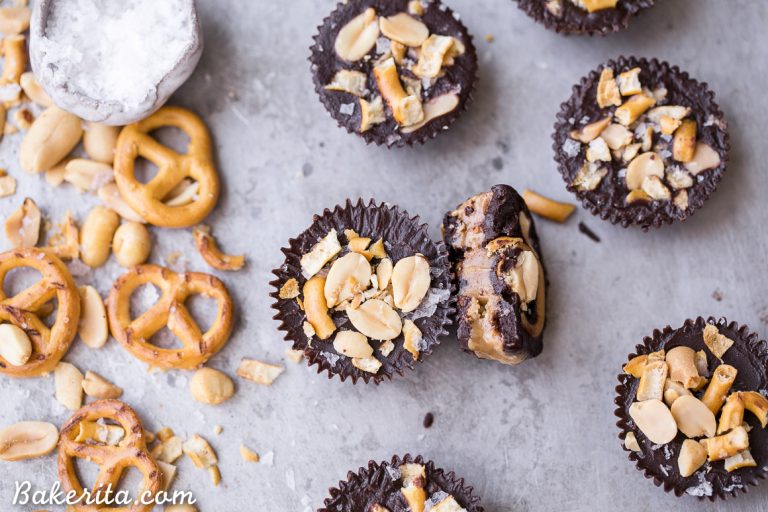 These Chocolate Peanut Butter Pretzel Cups are inspired by the Take 5 candy bar, but made with way more wholesome ingredients! These gluten-free, refined sugar-free and vegan candy cups are filled with peanut butter caramel, with pretzels and peanuts for crunch.