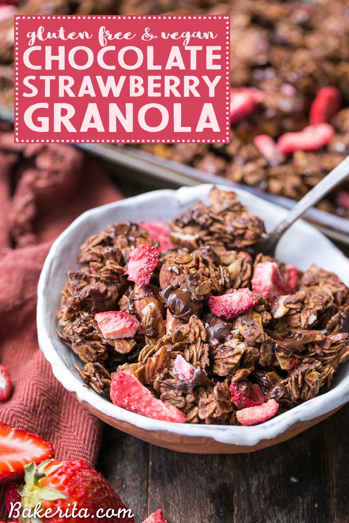Chocolate Strawberry Granola is healthy enough to eat for breakfast, but it's so delicious you'll want to have it for dessert too! This simple and easy granola recipe is gluten-free, vegan, and refined sugar free, and it's loaded with chocolate & strawberry flavor.