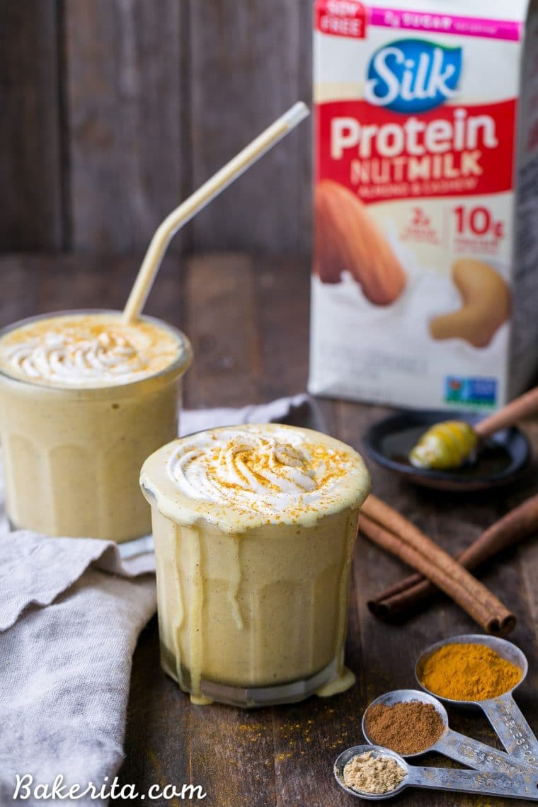 Golden Milkshakes are smooth, creamy, and refreshing, and they're loaded with anti-inflammatory turmeric and other health-boosting spices. This easy drink recipe is one you'll love sipping on hot days! #goldenmilk #turmeric #milkshake #vegan #paleo #drink #sugarfree #beverage