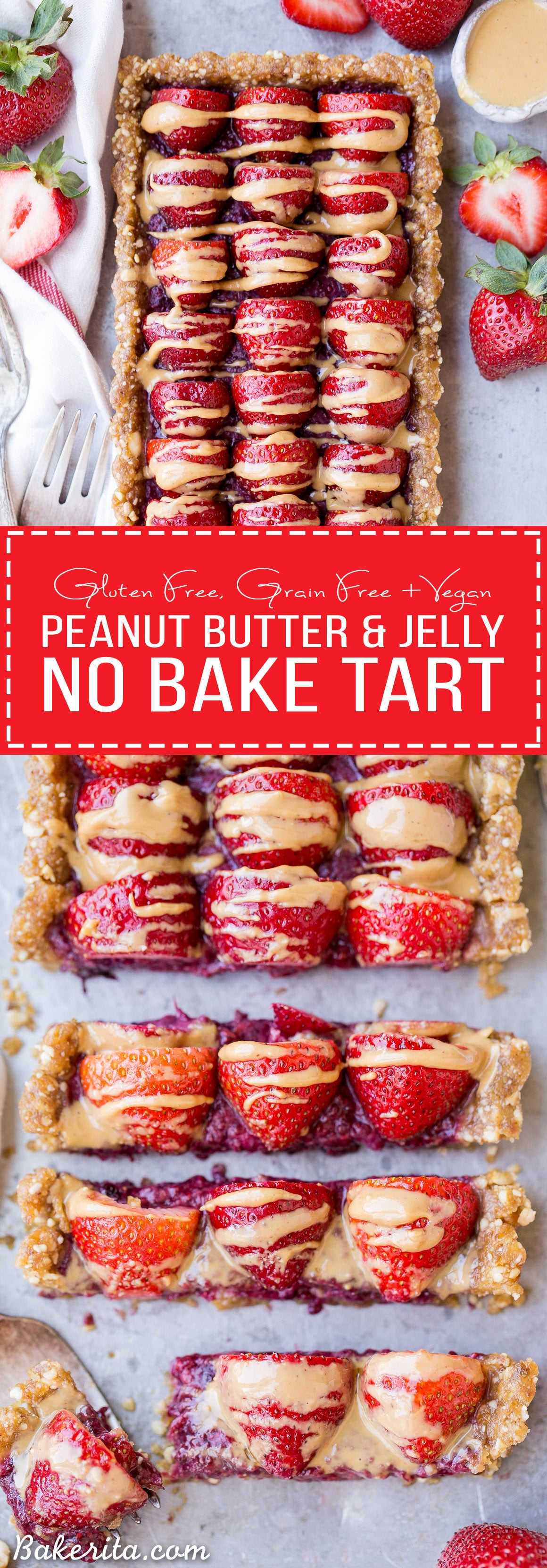 Skip the oven for this No Bake Peanut Butter & Jelly Tart - it's an easy and refreshing dessert made with just seven ingredients! It has a peanut date crust filled with berry chia jam. This rich and fruity tart is gluten-free, grain-free, refined sugar-free and vegan.
