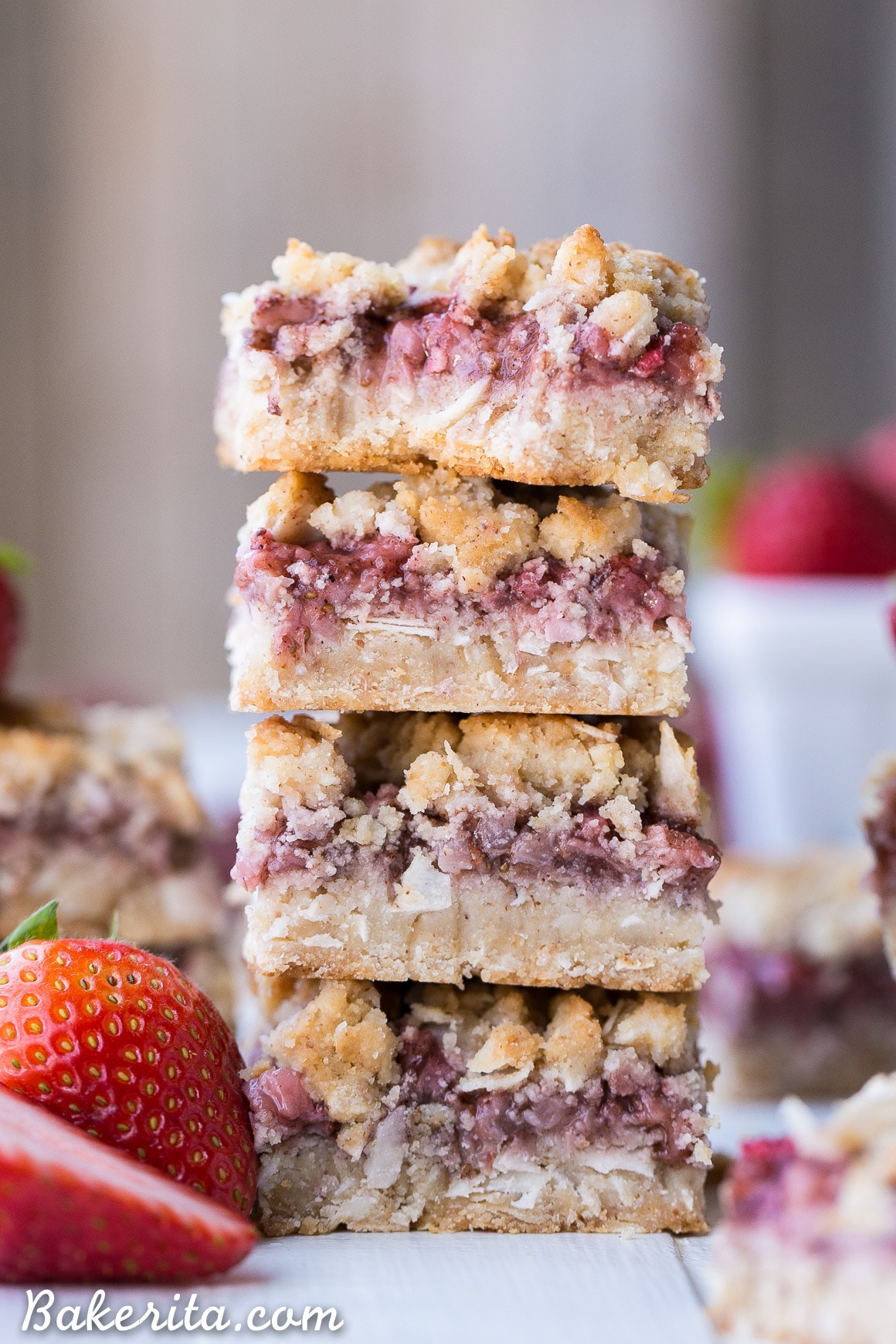 These Strawberry Crumble Bars have an irresistible crust and crumble topping that's full of texture - no oats necessary! These fruity bars are gluten-free, paleo, and vegan.