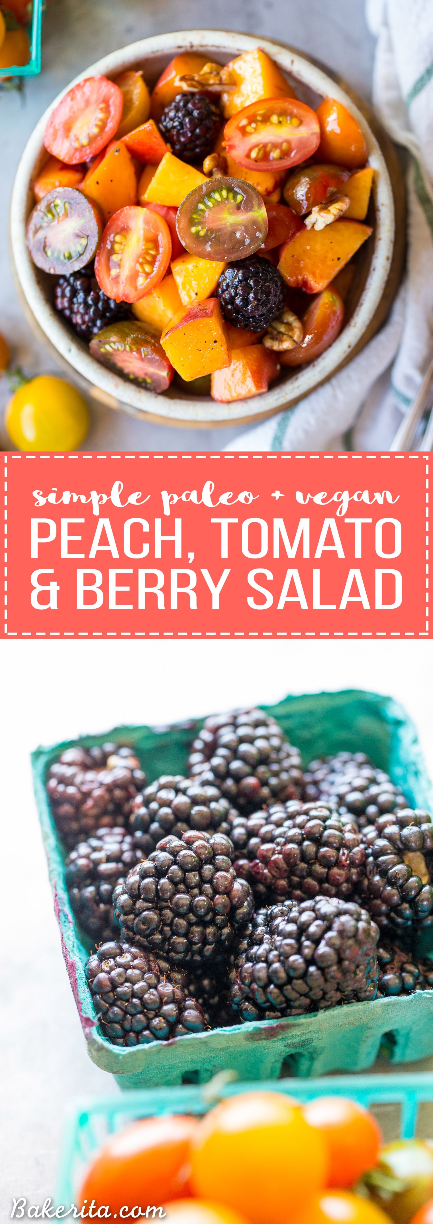This Simple Peach & Tomato Salad makes the most of farmer's market produce. This healthy side dish is gluten-free, paleo, vegan + Whole30-friendly.