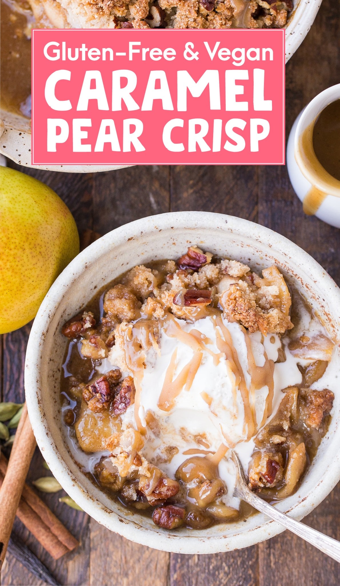 This Gluten-Free Vegan Caramel Pear Crisp is a decadent and deliciously spiced dessert that's perfect for pear season. The caramel pear filling is spiced with cinnamon, cardamom, cloves, and vanilla,. Don't forget to serve this gluten-free, paleo, and vegan crisp with whipped coconut cream!