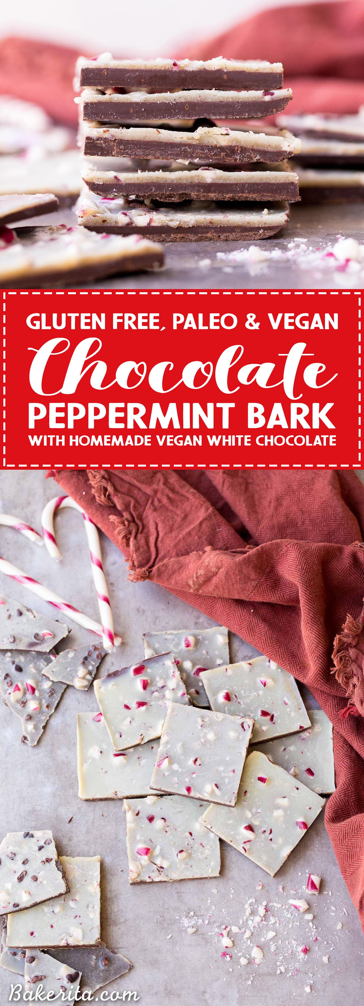 This Chocolate Peppermint Bark is a healthier twist on the holiday classic! It has a layer of dark chocolate topped with minty homemade vegan white chocolate and a sprinkling of crushed peppermint candies. You'll adore this gluten-free, paleo and vegan peppermint bark!