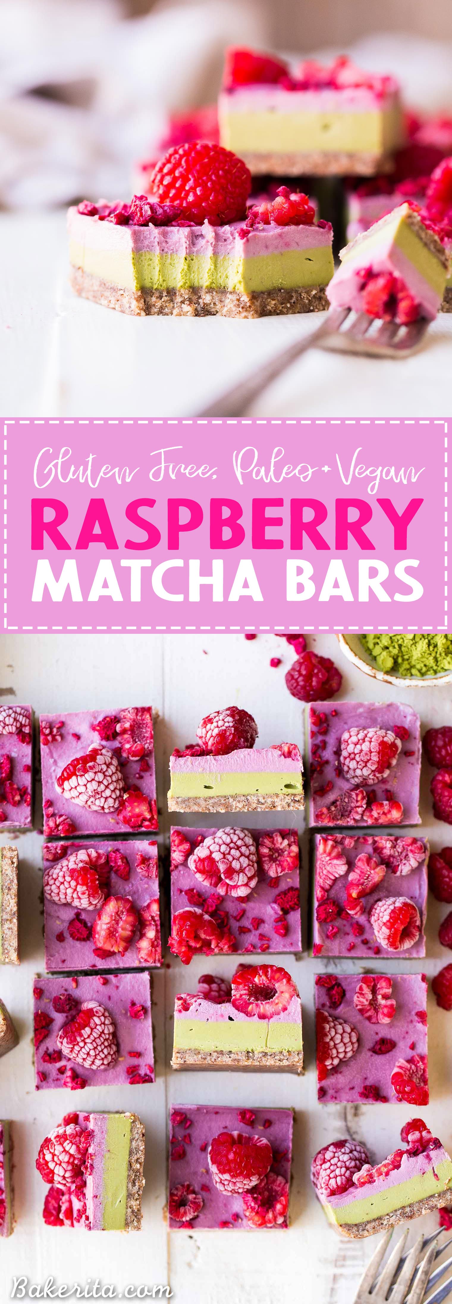 Layered Raspberry Matcha Bars with Text Overlay - Gluten Free, Paleo, Refined Sugar Free, Dairy Free & Vegan Dessert
