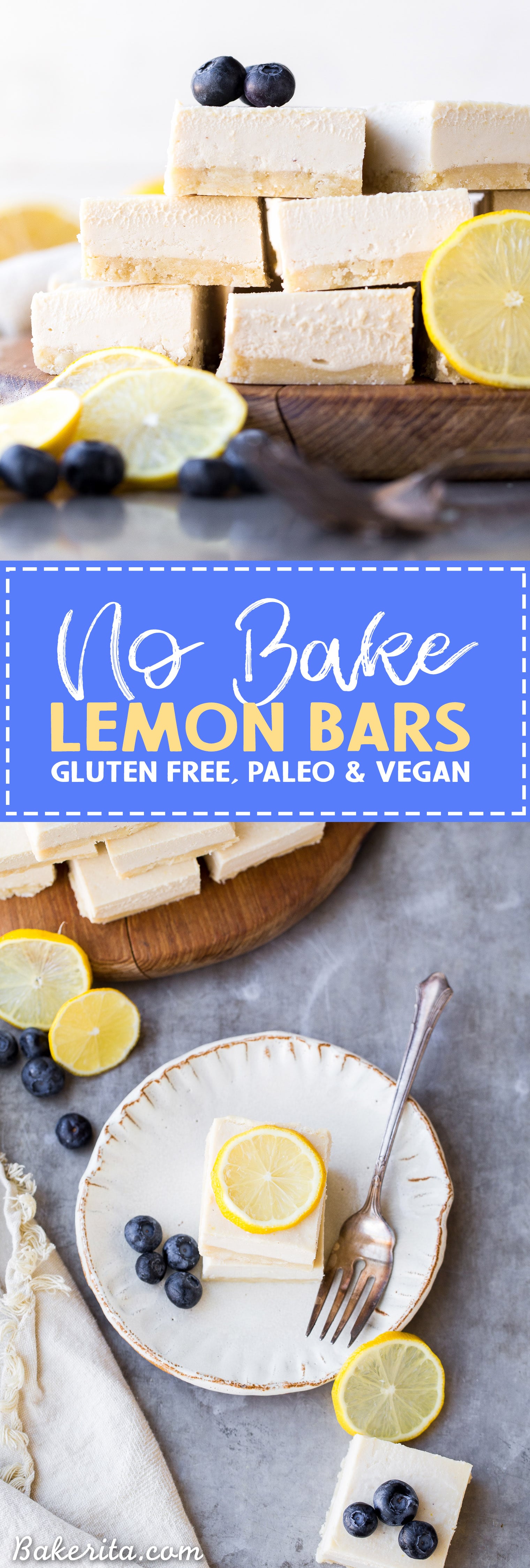 These No Bake Lemon Bars are incredibly smooth and creamy with a bright and tart lemon flavor. These gluten-free, paleo and vegan lemon bars come together quickly and easily in a blender.