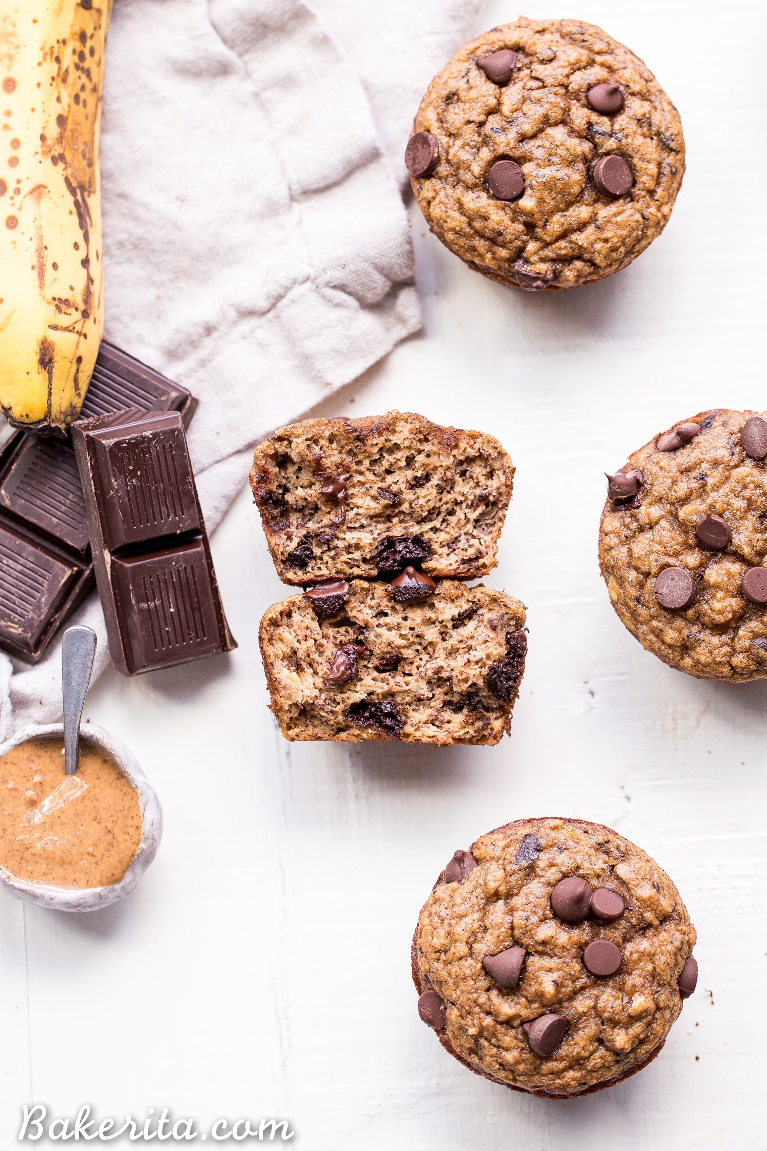 These Paleo Almond Butter Chocolate Chip Banana Muffins taste just like your mom's homemade banana chocolate chip muffins, but way healthier than the ones you remember. They're gluten-free, grain-free, dairy-free, and have no sugar added - these muffins are sweetened with only bananas!