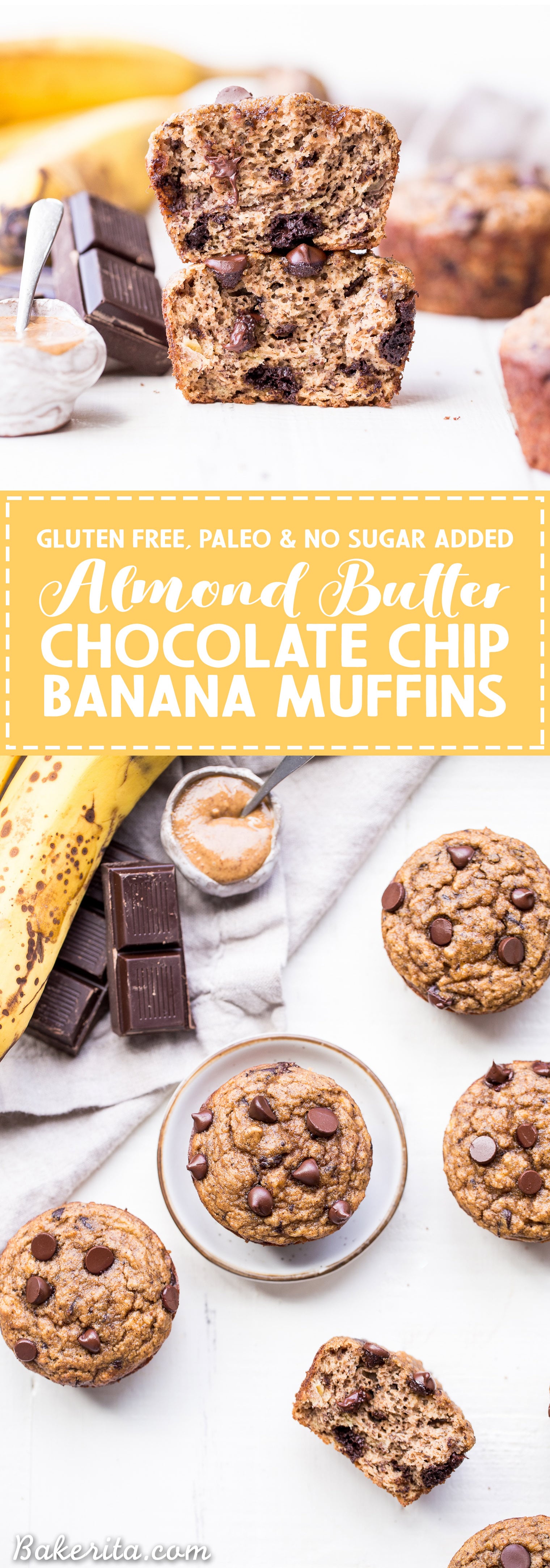 These Paleo Almond Butter Chocolate Chip Banana Muffins taste just like your mom's homemade banana chocolate chip muffins, but way healthier than the ones you remember. They're gluten-free, grain-free, dairy-free, and have no sugar added - these muffins are sweetened with only bananas!