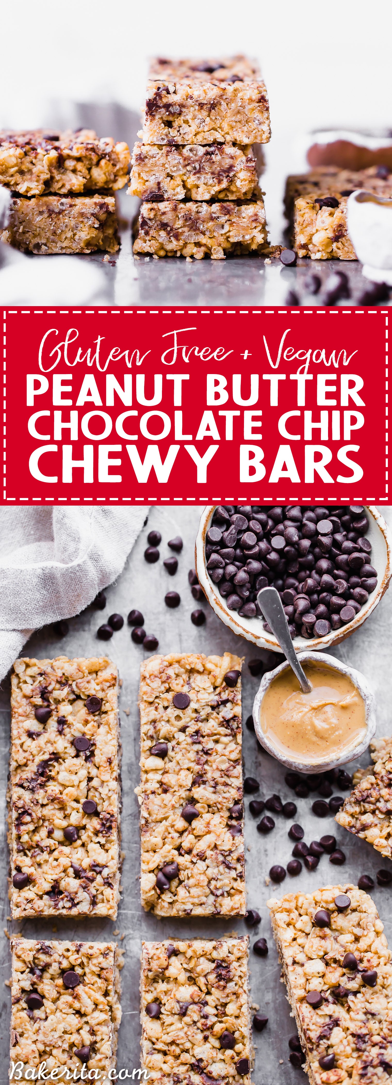 These Peanut Butter Chocolate Chip Chewy Bars will bring you right back to your favorite childhood snack! This homemade, no-bake version is way more delicious with a short and simple ingredients list. They're gluten-free and vegan, too!
