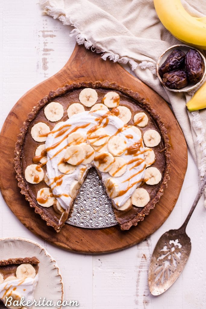 This No Bake Banana Caramel Tart is similar to a classic Banoffee pie, but there’s no baking necessary and it’s sweetened entirely with dates! This healthy twist on a classic is sweet and scrumptious with a date caramel filling and coconut whipped cream on top. It’s gluten-free, paleo, and vegan.