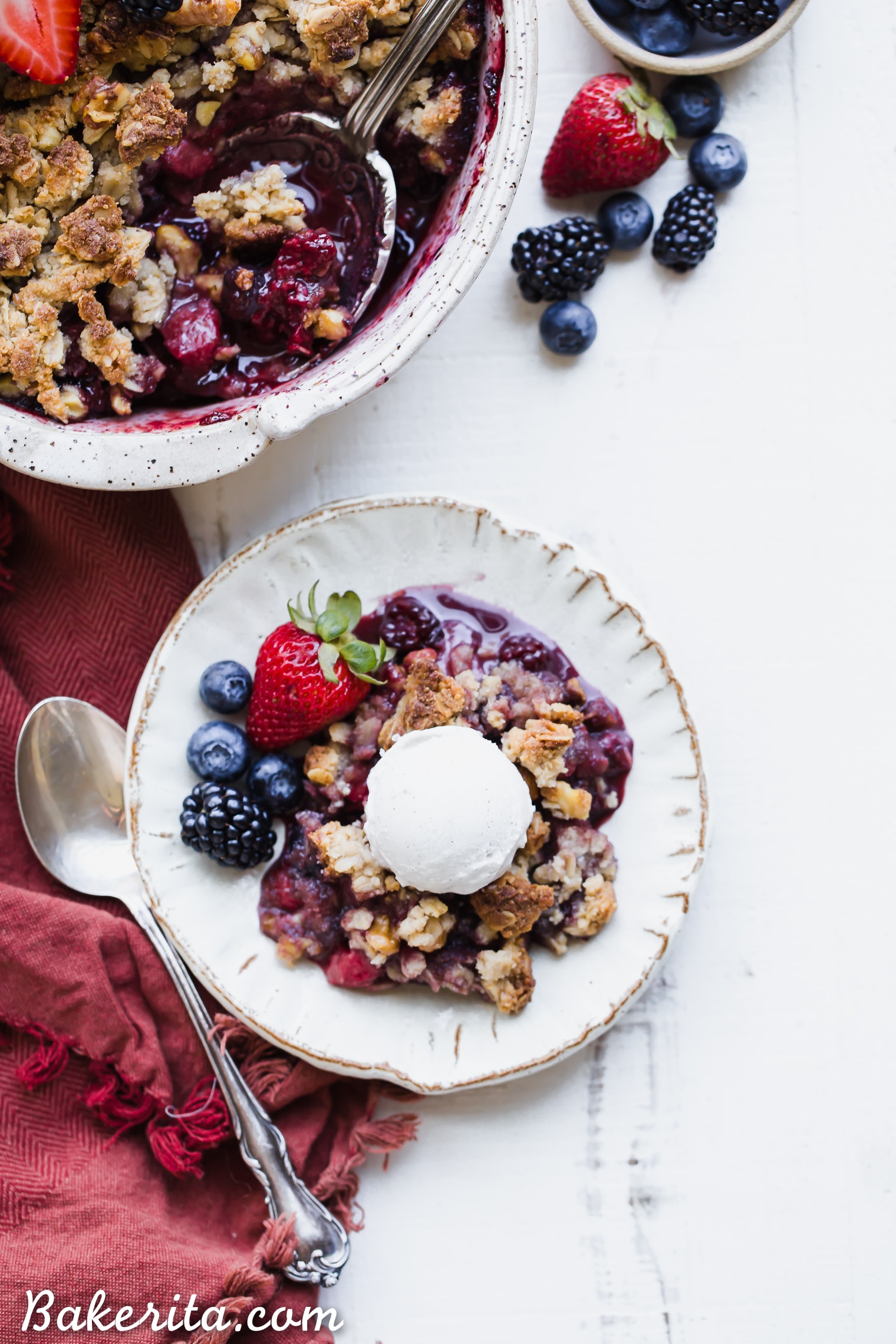 This Mixed Berry Crisp uses a mix of your favorite berries and is topped with a crunchy oatmeal crisp topping. This flavorful dessert is gluten-free, vegan, and best served with some dairy-free ice cream or coconut whipped cream!