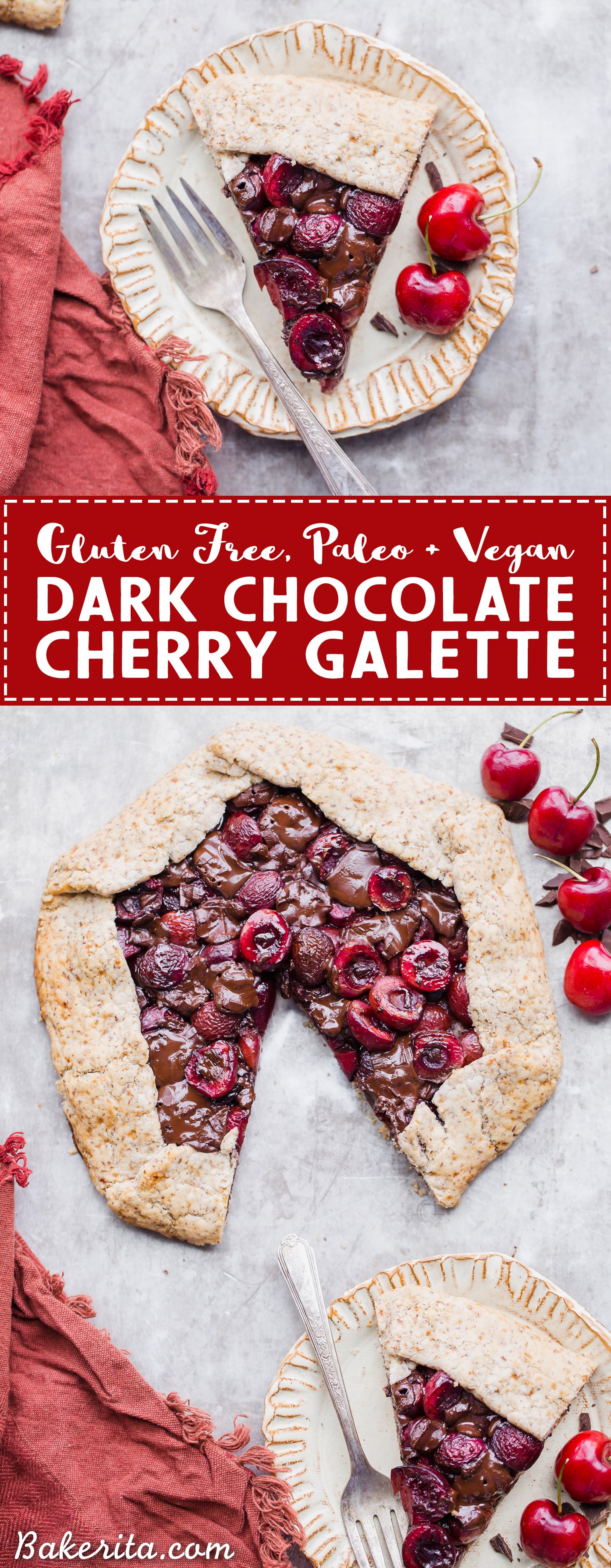 This Chocolate Cherry Galette is made with dark chocolate and fresh red cherries, all tucked into a super flaky pie crust that you would never guess is gluten-free, paleo and vegan. If you're a cherry fan, you need to try this chocolatey treat out ASAP!