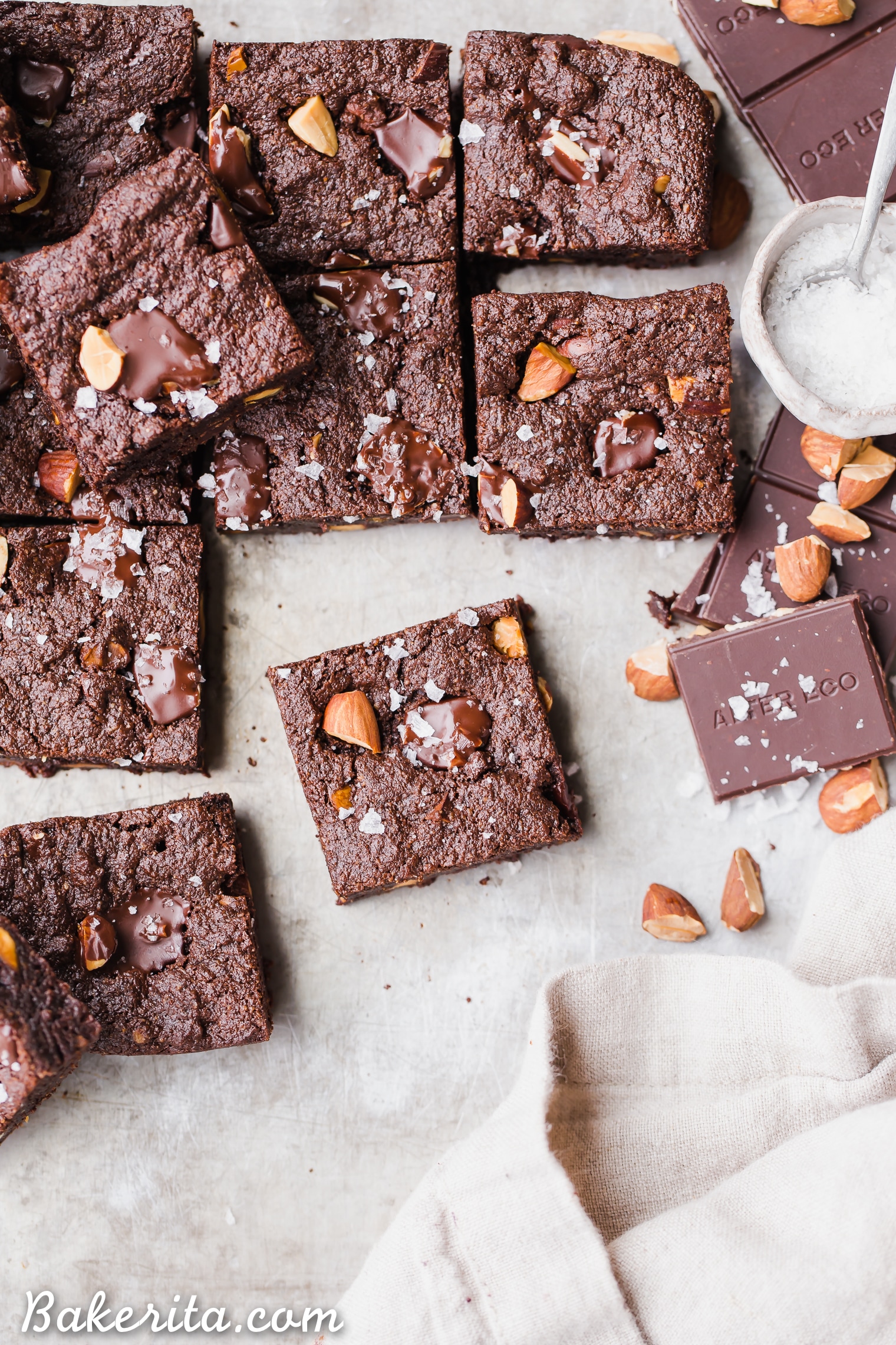You'd never guess these super fudgy Salted Almond Brownies are gluten-free, paleo and vegan, because they taste just as good as a traditional brownie! They're incredibly fudgy and chocolatey and the toasted almonds and sea salt make them even better.
