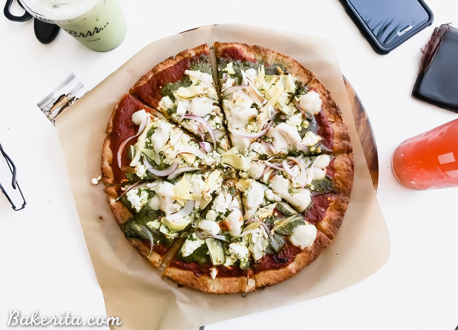 San Diego Guide - Nectarine Grove in Leucadia, CA. Pesto Pizza with vegan cheese.