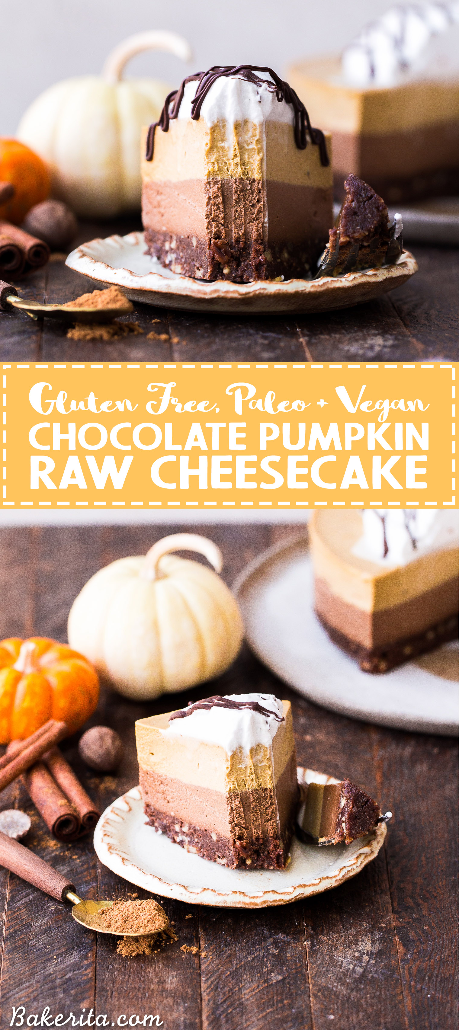 This No-Bake Chocolate Pumpkin Cheesecake has layers of chocolate cashew cheesecake and pumpkin spice cheesecake, on top of a chocolate date crust. This make-ahead raw dessert is perfect for the holidays.