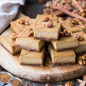 With an easy pecan-and-date crust and tons of warm spices, these Gingerbread Cheesecake Bars are packed with the holiday season’s warm flavors. These “cheesecake” bars are made with soaked cashews to replicate cheesecake’s creamy texture—no dairy or baking necessary. You won’t miss the dairy one bit in these gluten-free, vegan bars. 