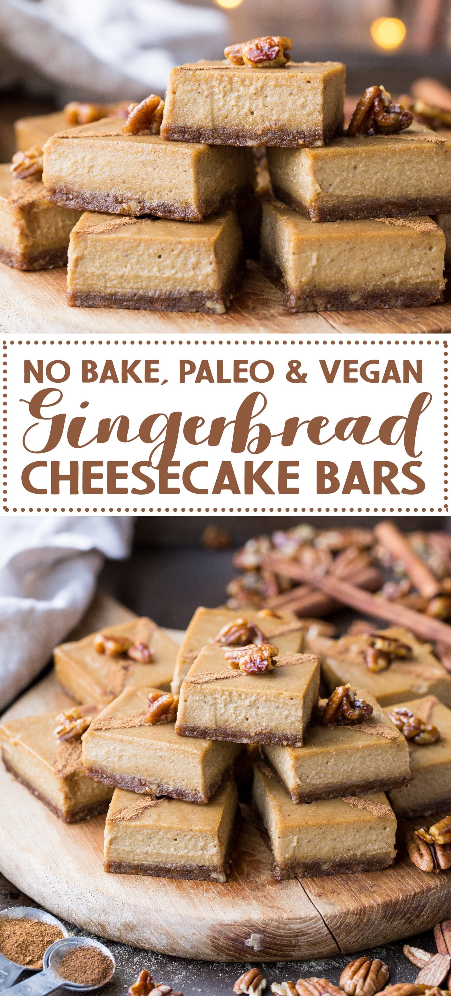 With an easy pecan-and-date crust and tons of warm spices, these Gingerbread Cheesecake Bars are packed with the holiday season’s warm flavors. These “cheesecake” bars are made with soaked cashews to replicate cheesecake’s creamy texture—no dairy or baking necessary. You won’t miss the dairy one bit in these gluten-free, vegan bars. 