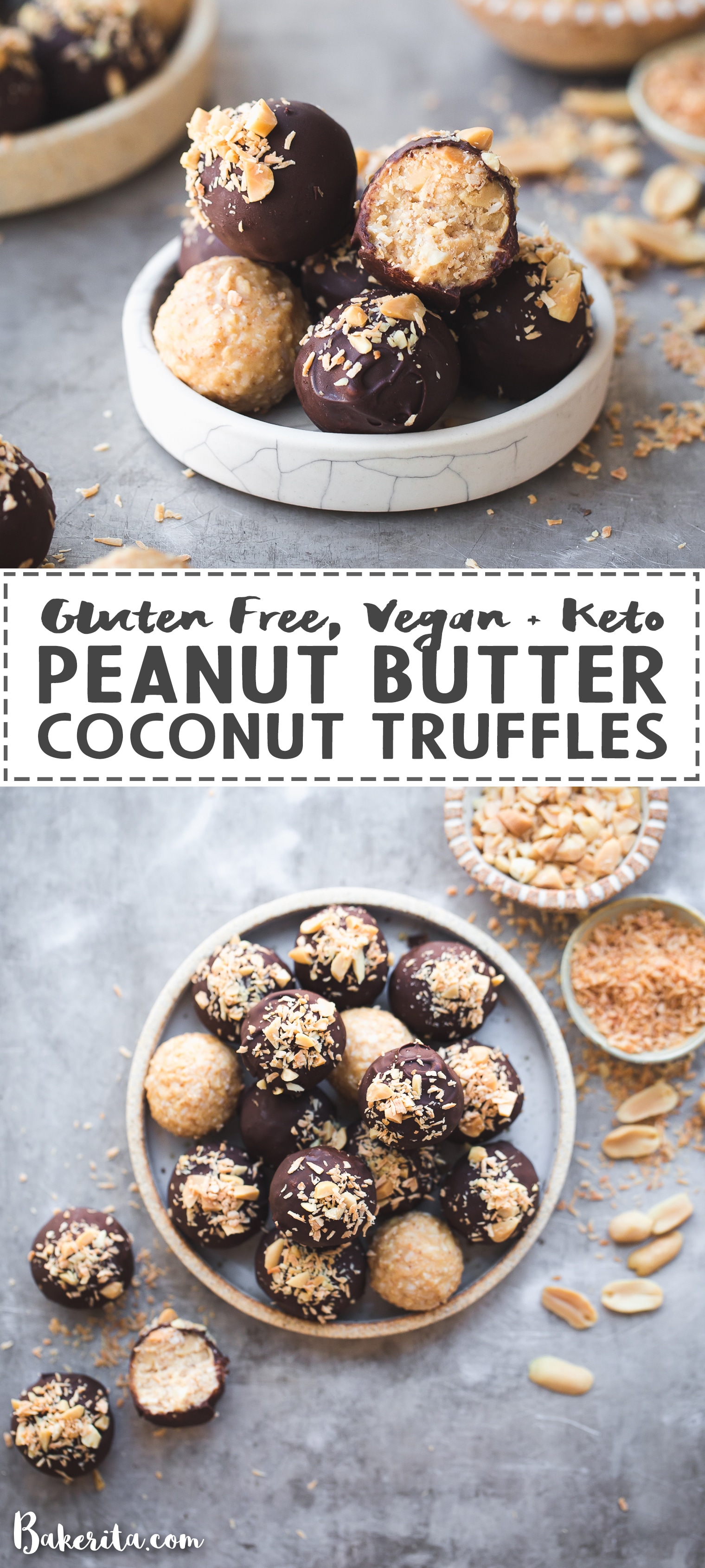 Peanut Butter Coconut Truffles are made with just 6 simple ingredients and are infinitely customizable to your tastes! With a thin chocolate coating and a melt-in-your-mouth texture, these gluten-free, vegan, and keto truffles will become your new favorite snack or dessert.