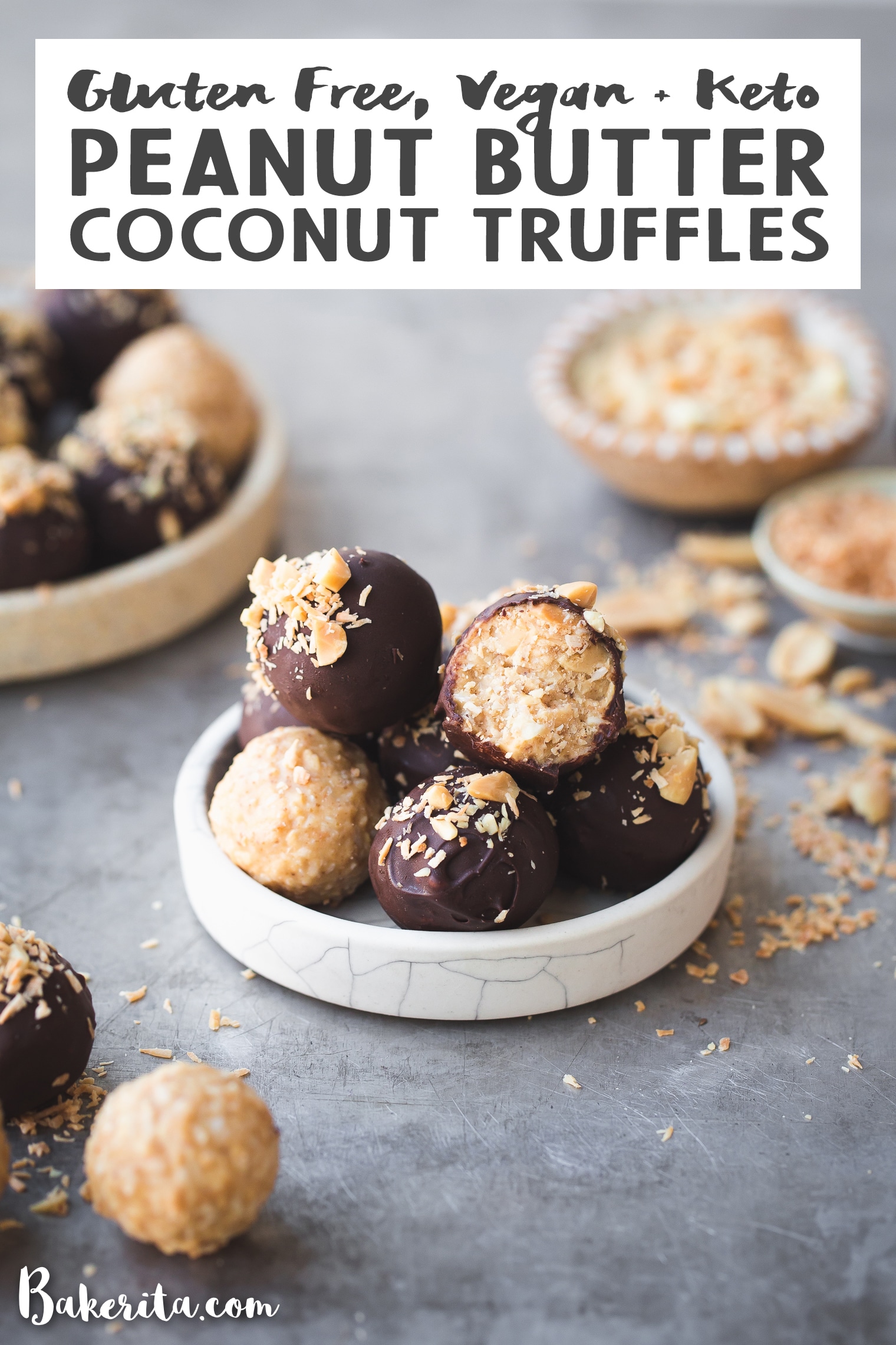 Gluten Free, Vegan + Keto peanut butter coconut truffles