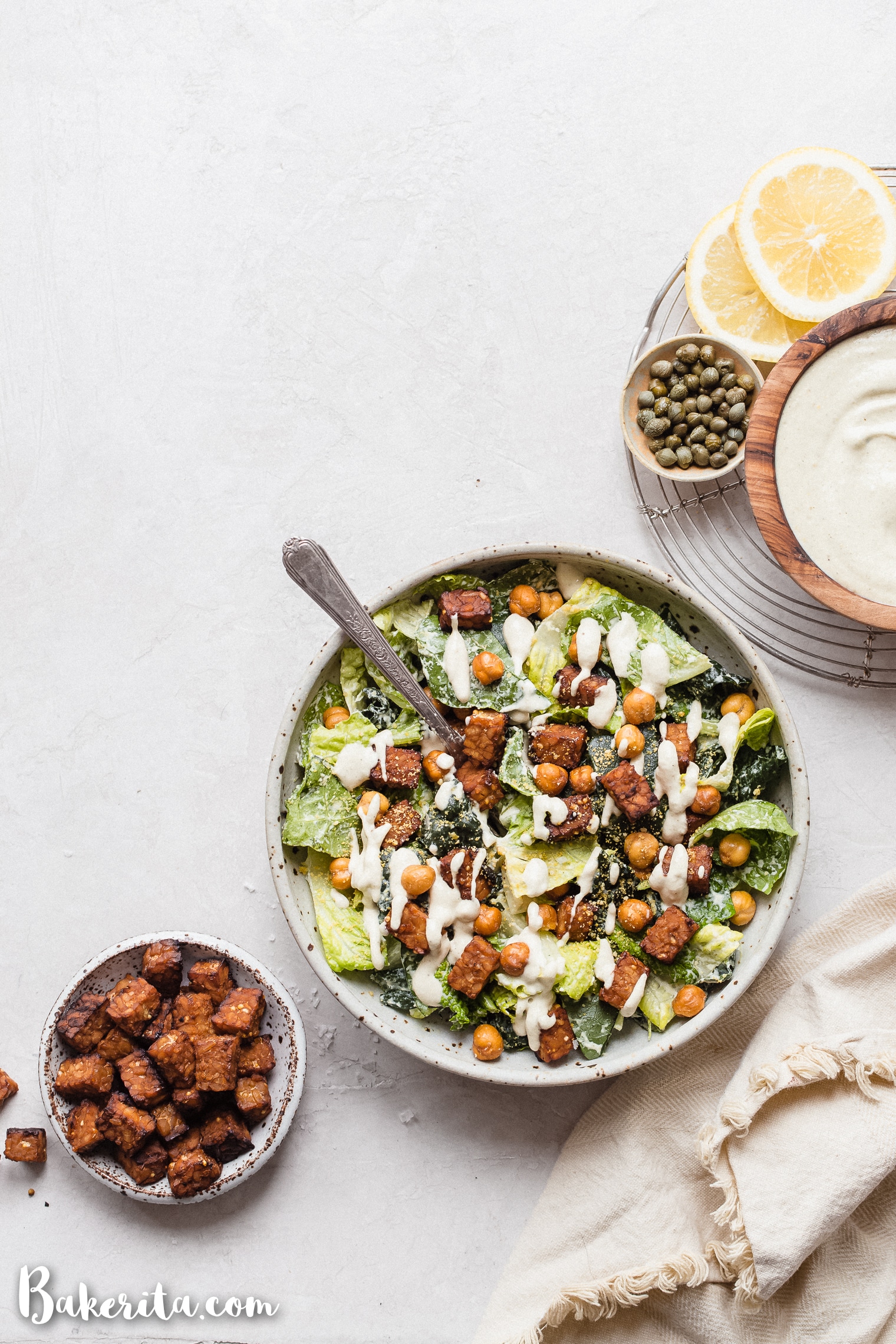 Serve this Vegan Caesar Salad with Crispy Tempeh & Crunchy Chickpeas for lunch or dinner - it's delicious anytime! The crispy marined tempeh is incredibly flavorful and filling and the chickpeas add lots of crunch. 