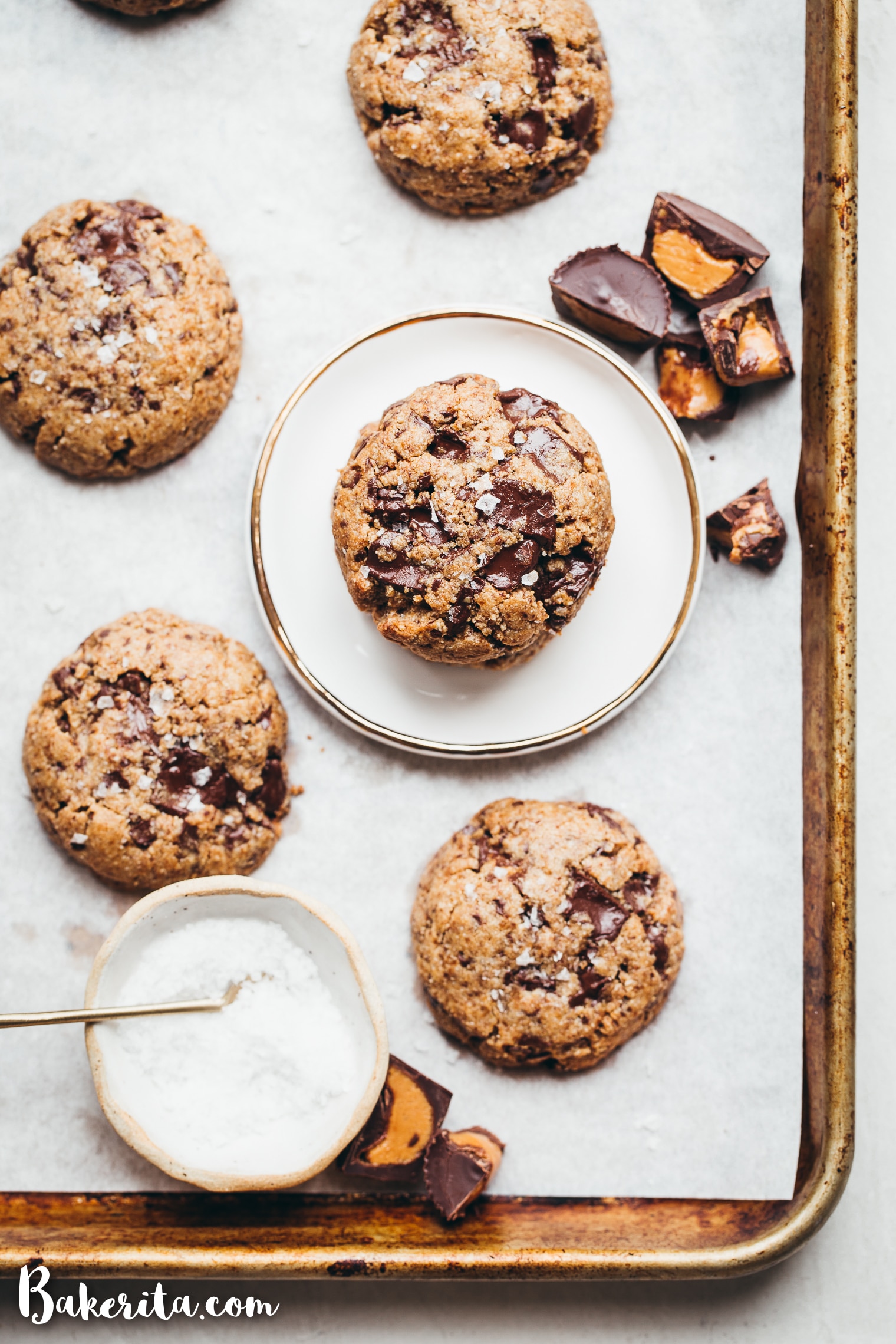 You need to try these delicious Peanut Butter Chocolate Chip Cookies - they're full of chopped up mini peanut butter cups that we fold into the dough along with the dark chocolate chunks! You'll love these gluten-free, grain-free, refined sugar-free, and vegan cookies. 