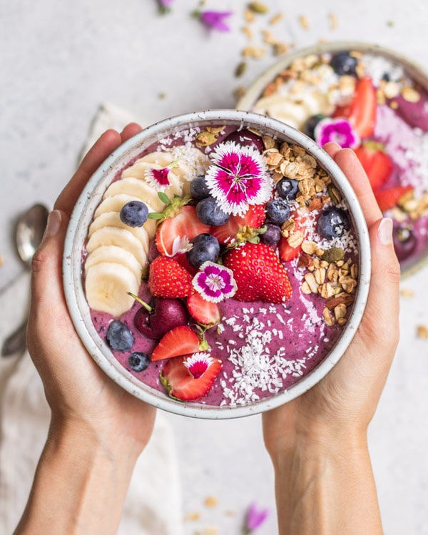 These blueberry acai bowls are a healthy breakfast recipe made with almond milk. Don't forget the chia seeds on top!