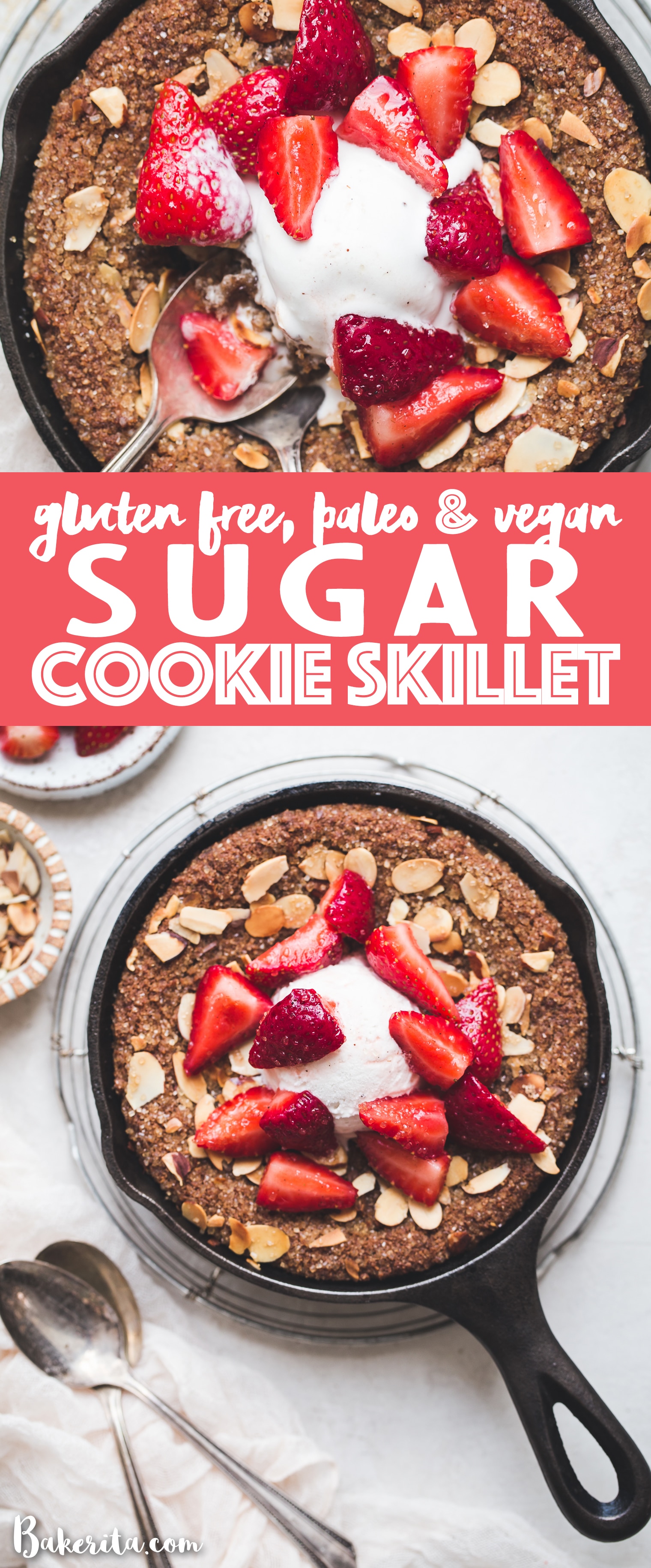 This Gluten-Free & Vegan Sugar Cookie Skillet will make your mouth water! You'll love this easy sugar cookie recipe - it's gluten-free, vegan, paleo, and topped with sliced almonds and raw turbinado sugar.