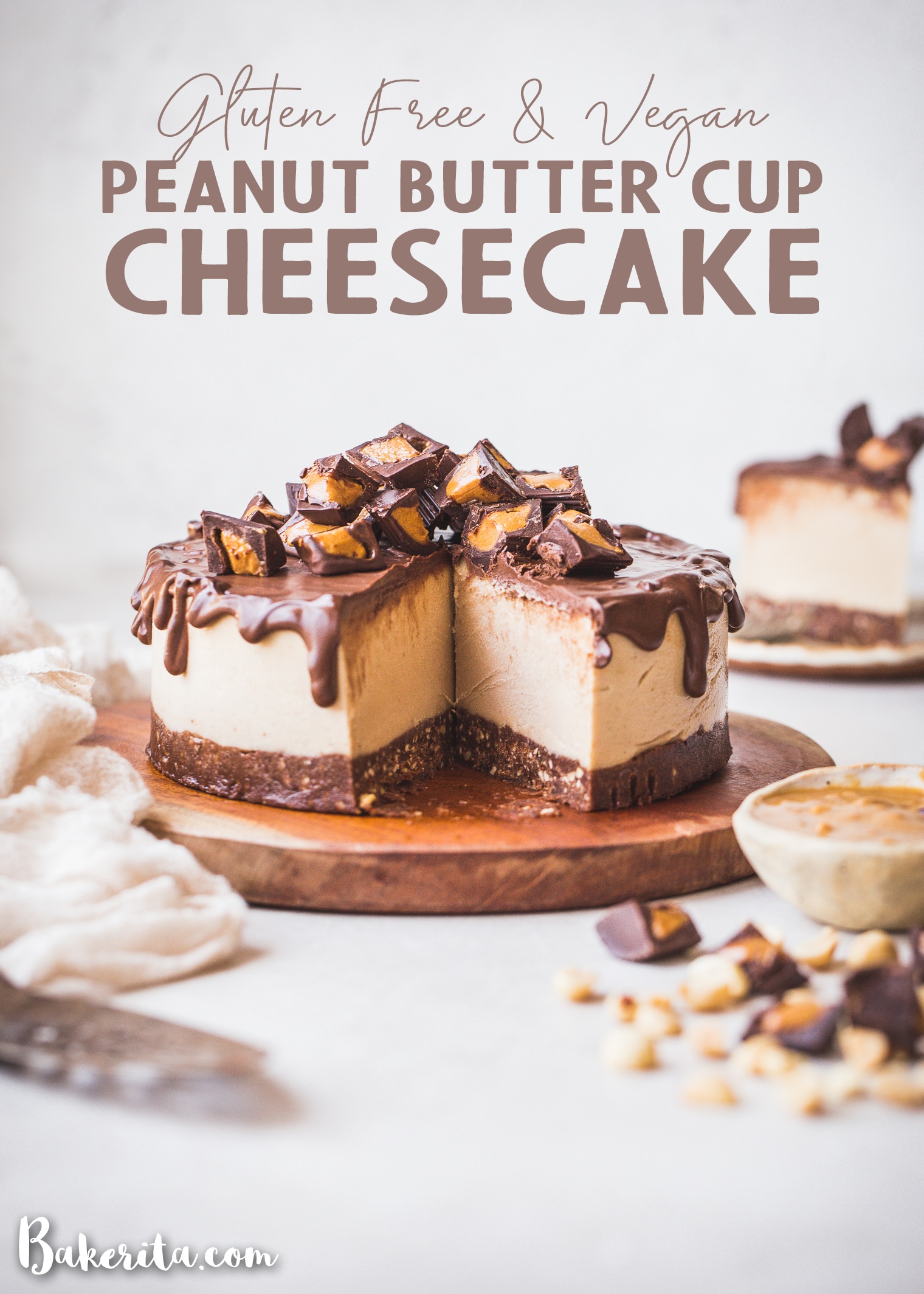 This Gluten-Free Vegan Peanut Butter Cup Cheesecake tastes like your favorite candy turned into a delightfully creamy vegan cheesecake. With a chocolate crust, creamy peanut butter filling, and chocolate ganache topping, you won't be able to have just one bite!