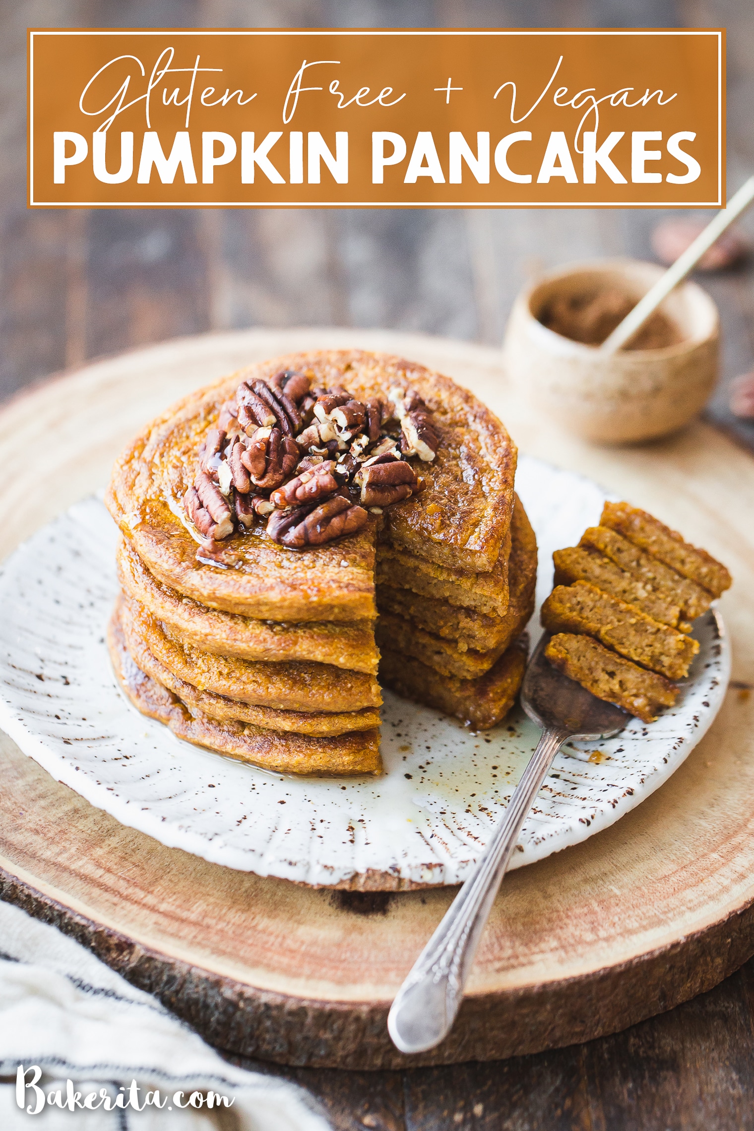 These Gluten-Free Vegan Pumpkin Pancakes tastes like fall thanks to the warm pumpkin spices and maple syrup! They're easy-to-make, light, fluffy, and absolutely delicious. 