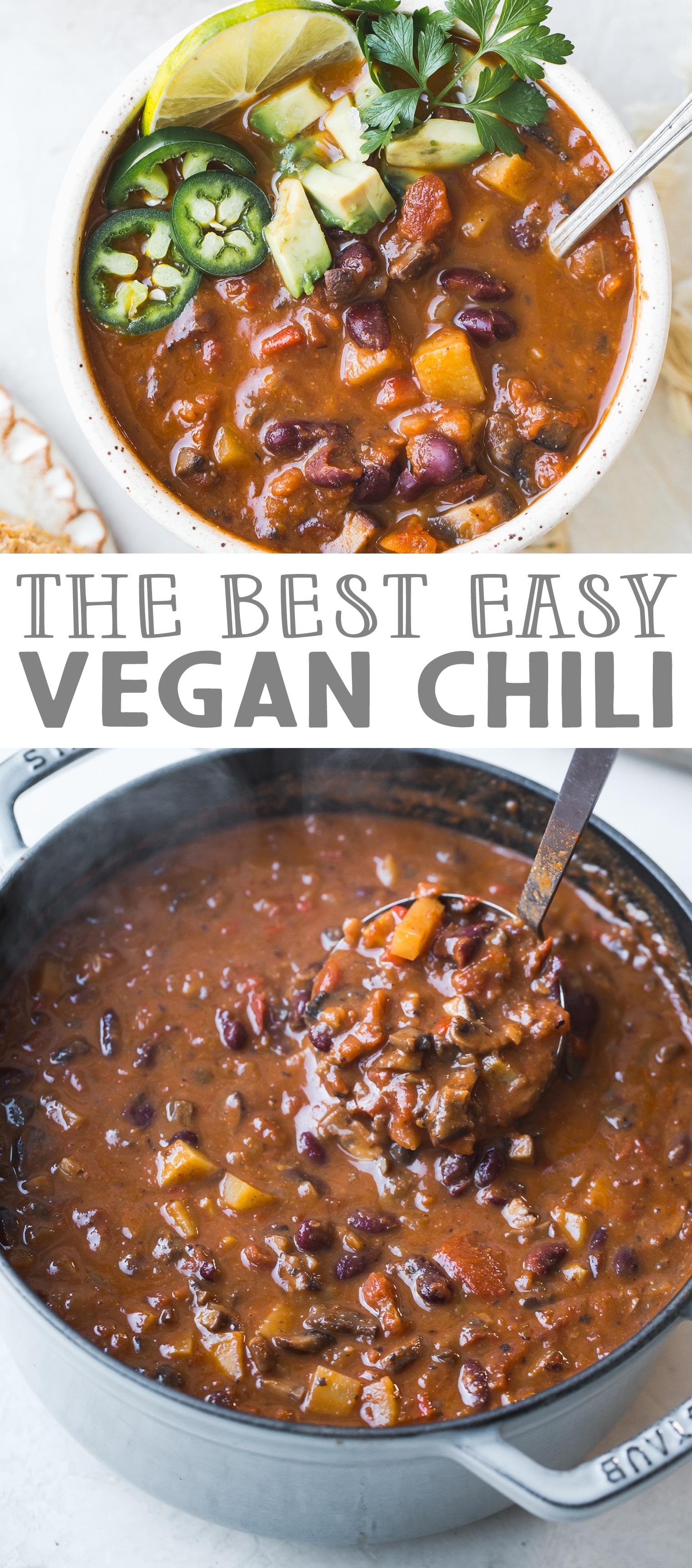 This Vegan Chili doesn't lack any heartiness just because it doesn't have any meat. It's loaded up with veggies, beans, and tons of spices -- this is the BEST vegan chili recipe I've had!