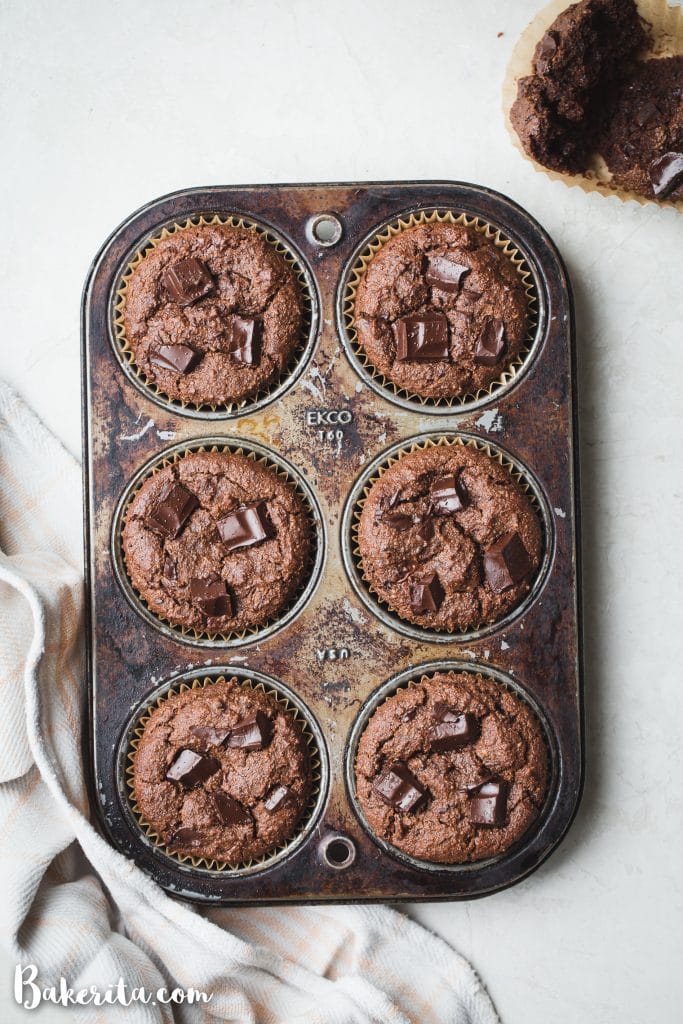 These Gluten-Free Vegan Double Chocolate Muffins are tender, super chocolatey, and absolutely delicious. They are perfect for chocolate lovers!