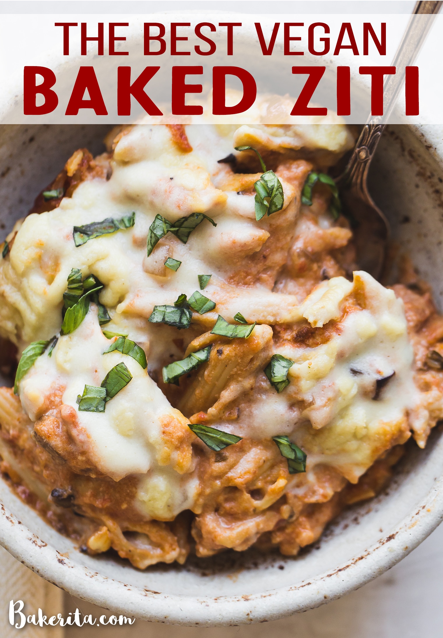 How to make Vegan Baked Ziti that's creamy, cheesy, and absolutely delicious! It's made with gluten-free noodles, marinara sauce, easy vegan ricotta cheese, and homemade vegan mozzarella sauce.